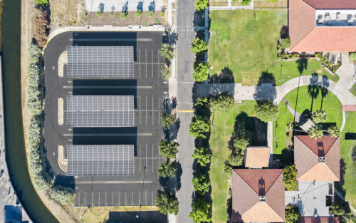 inverted cantilever commercial solar carport, solar panel canopy, aerial top view