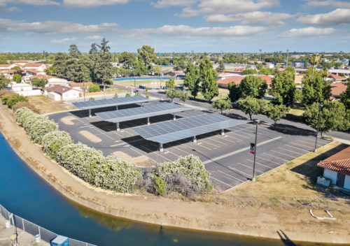 Inverted Cantilever commercial solar carport, solar panel canopy, school parking lot